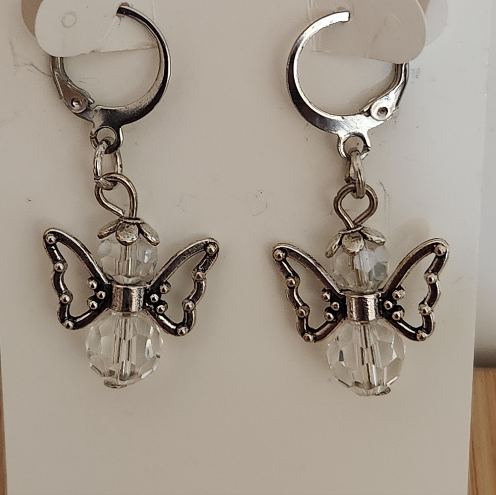 Hand Crafted Earrings Clear Crystal Angel Pierced with Silver Angel Wings - Picture 4 of 5